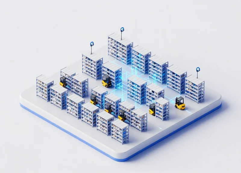 A professional isometric 3D illustration of a modern smart warehouse featuring forklifts moving along paths with glowing digital connectivity lines representing real-time tracking.