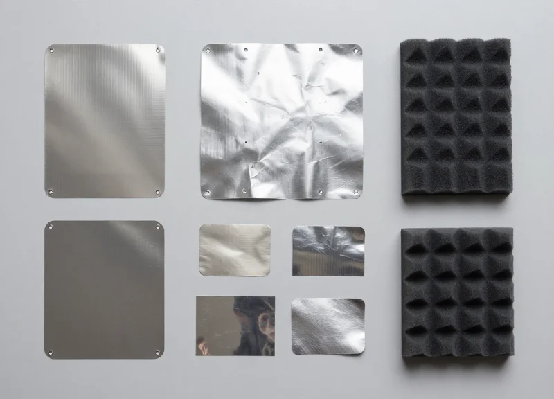 An organized arrangement of various RFID shielding materials like ferrites, metal foils, and absorbent foam.