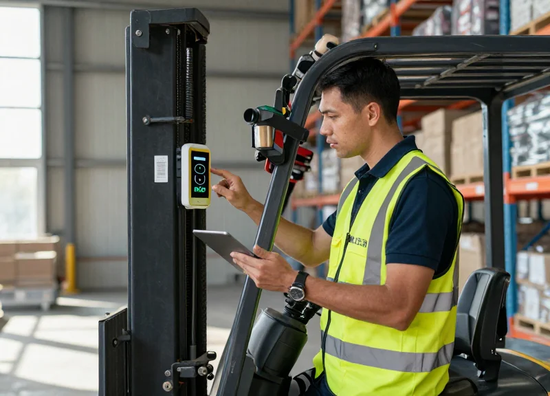 A technician calibrating an RFID reader on a forklift in a warehouse with metal racking.