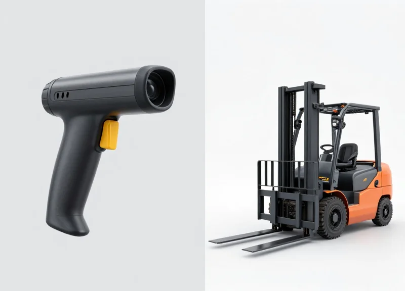 Side-by-side comparison of a traditional handheld barcode scanner and a modern forklift-integrated RFID system