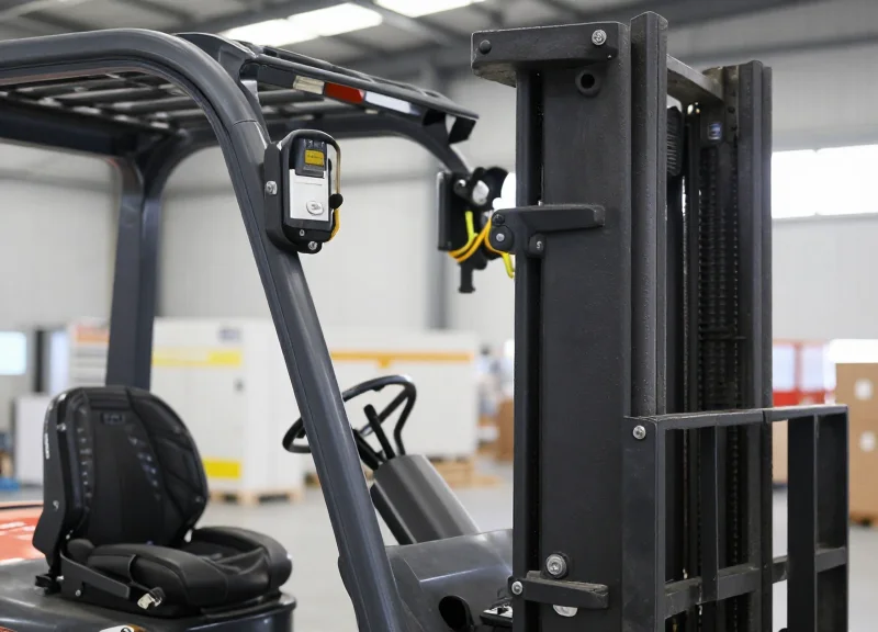 Close-up of a high-tech warehouse forklift equipped with advanced RFID sensors and antennas