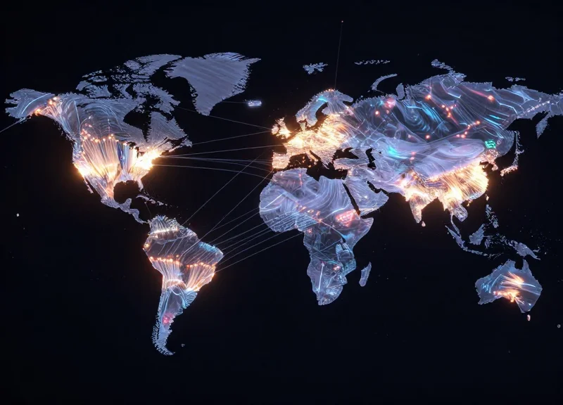Abstract visualization of a connected supply chain with flowing data streams and glowing nodes