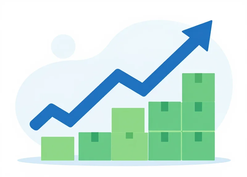 Flat vector illustration of an arrow trending upwards through a series of warehouse crates, representing efficiency