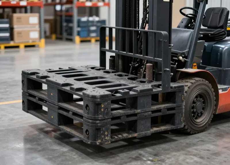 A heavy-duty black plastic pallet in a high-tech warehouse environment with industrial lighting.