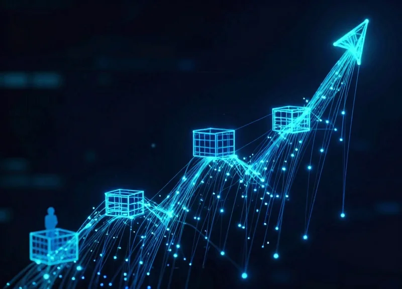Abstract visualization of glowing digital data streams flowing over a network of logistics crates for visibility.