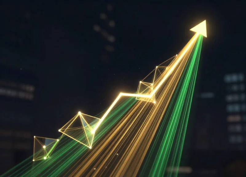 Abstract representation of financial growth and ROI using glowing upward-moving light particles.