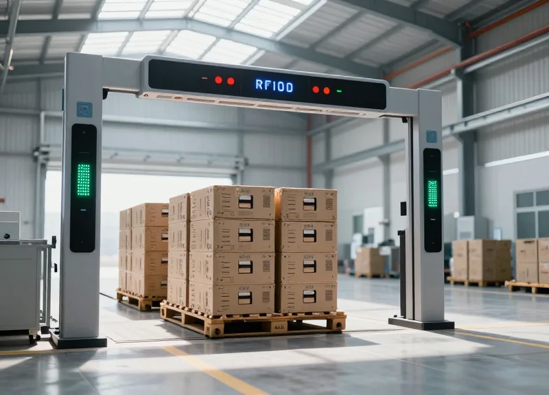 Modern automated logistics gateway with RFID scanners protecting assets in a bright professional facility.