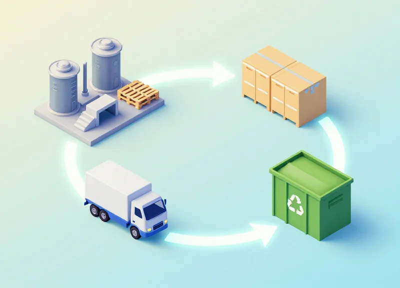 Isometric 3D circular lifecycle of a pallet from factory to recycling