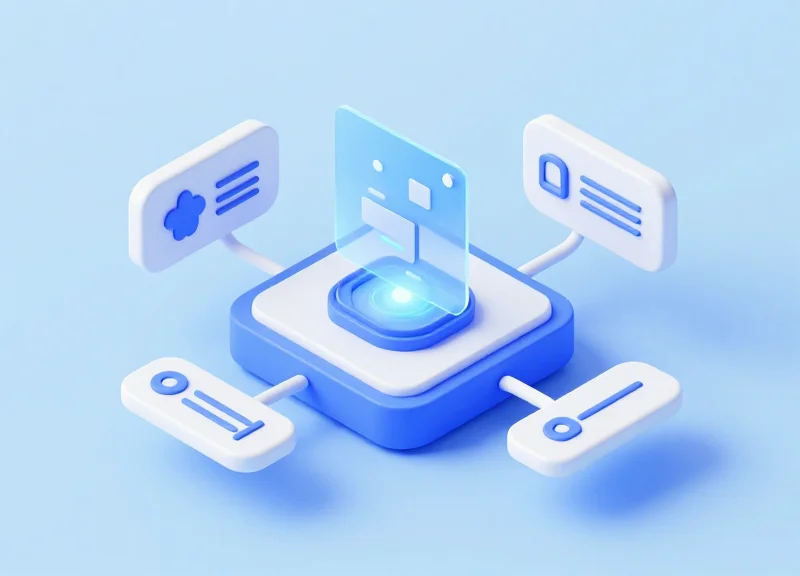 An isometric 3D scene showing a product connected to a digital data ecosystem.
