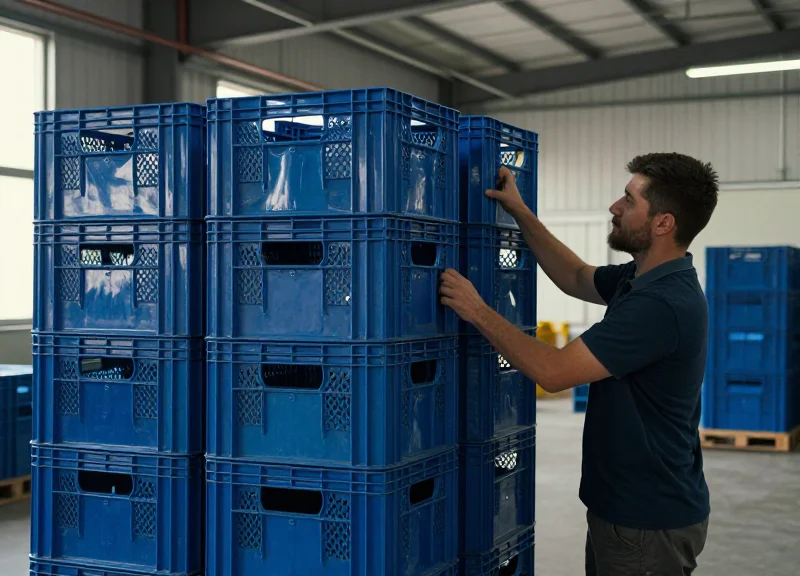 Warehouse worker managing reusable blue crates with an RFID scanning system.