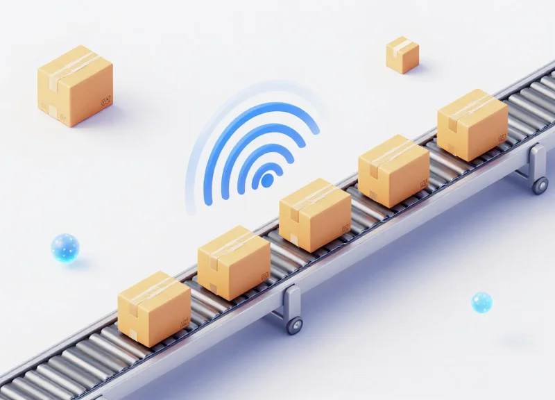 Isometric 3D view of multiple parcels on a conveyor belt with overlapping signal waves representing RFID collisions.