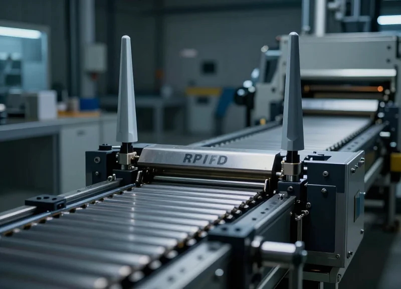 A professional industrial RFID sorting tunnel equipped with high-gain antennas over a factory conveyor belt.