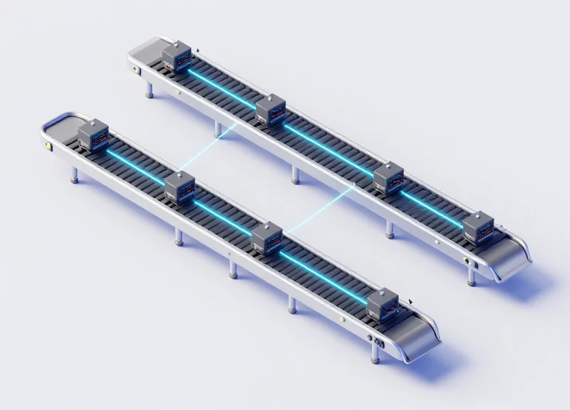 3D isometric layout of a multi-lane warehouse sorting system with synchronized RFID readers.