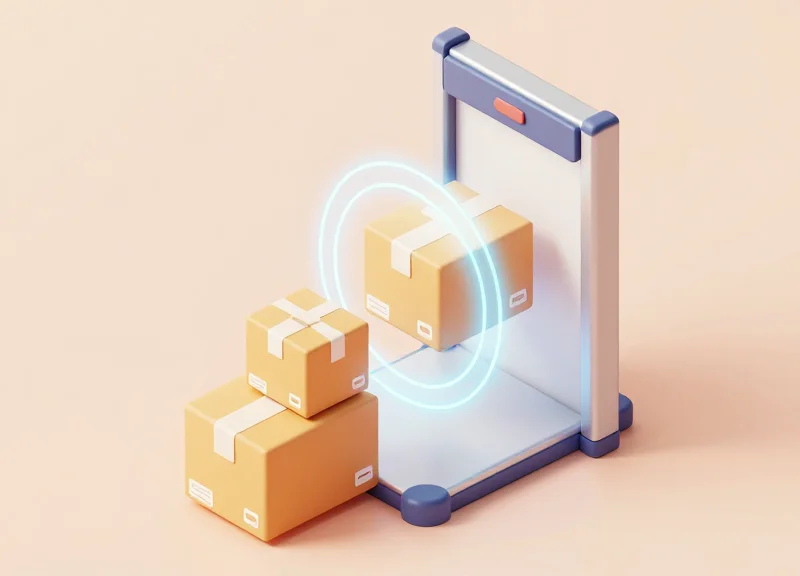Isometric 3D view of an RFID scanner reading multiple boxes at once without line-of-sight.