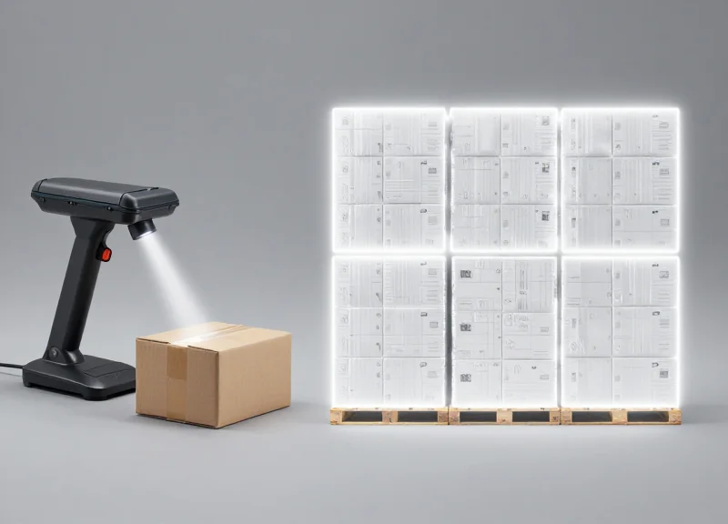 Side-by-side comparison of manual barcode scanning versus automated RFID group reading.