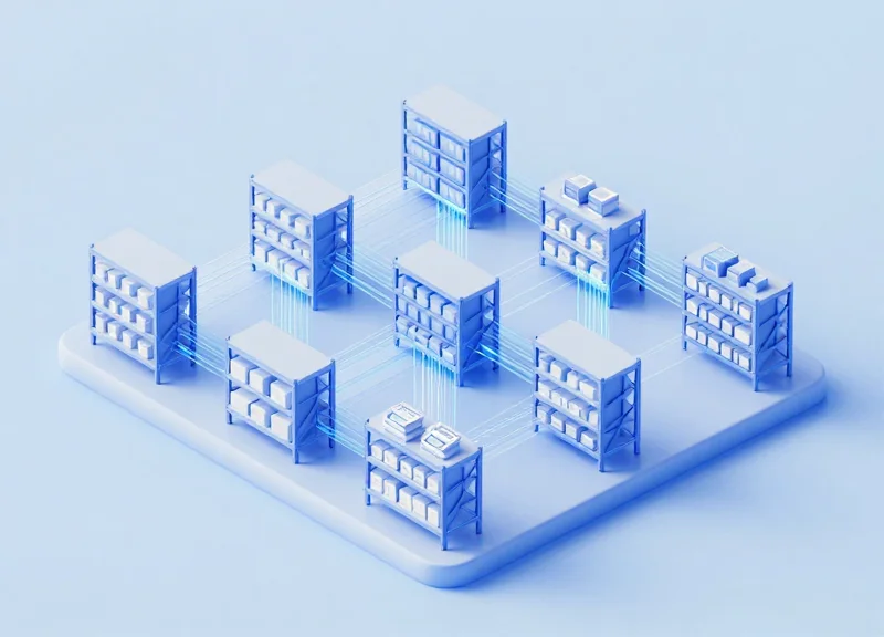 Isometric 3D illustration of a warehouse ecosystem with electronic tags and scanners.