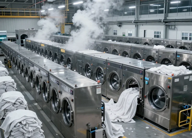 Large-scale industrial laundry facility with rows of professional washing machines and linens