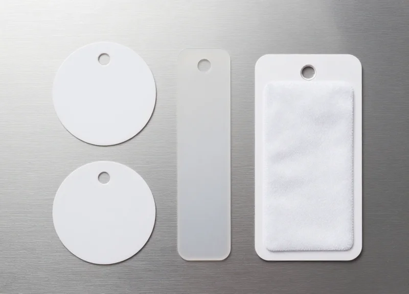 Collection of different RFID laundry tags including PPS disc and silicone strips