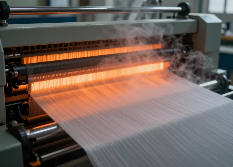 Linens passing through a high-heat industrial tunnel finisher