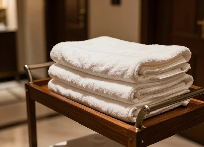 Close-up of luxury white hotel towels stacked on a vintage wooden cart in a boutique hotel corridor
