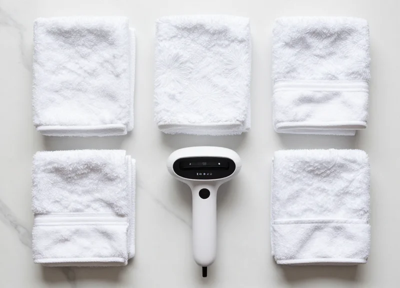 Flat lay of hotel housekeeping tools and neatly folded white linens