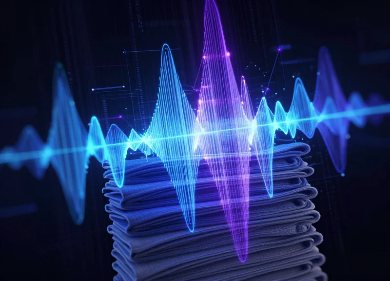 Abstract visualization of RFID signals penetrating through a dense stack of textiles.