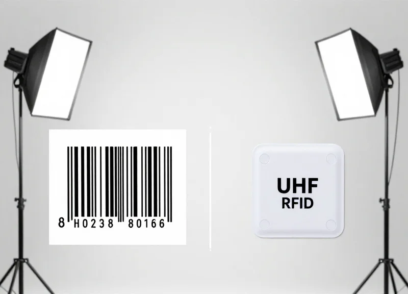 A side-by-side visual comparison between a traditional barcode and a modern UHF RFID tag on white hotel linen.