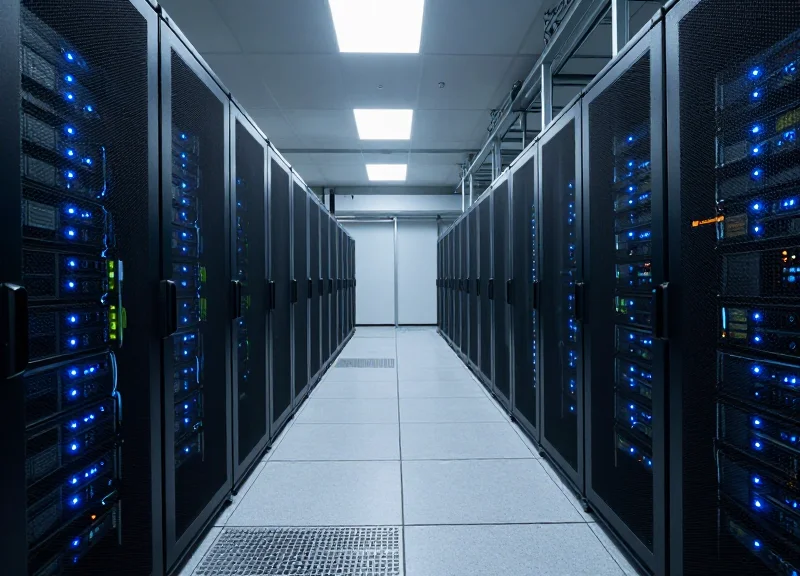 A wide angle shot of a futuristic data center with rows of high-density server racks and blue ambient lighting.