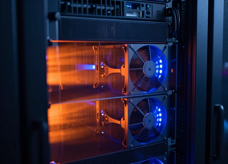Close-up of a server rack cooling system with heat shimmer effects.