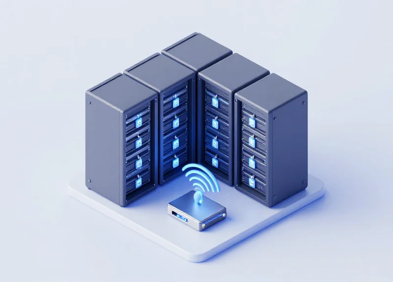 Isometric 3D view of a data center rack with glowing RFID signals emitting from tags to a receiver.