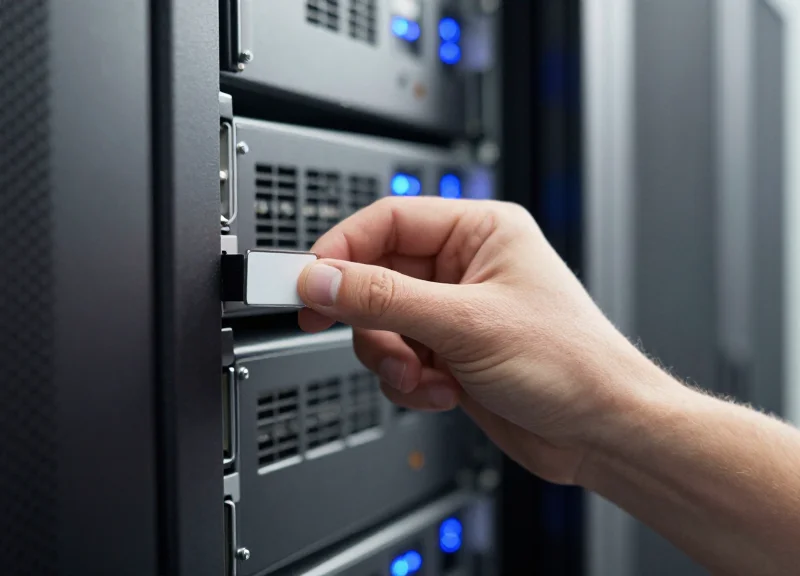 Close-up of a hand applying an RFID tag to a server in a professional data center setting.