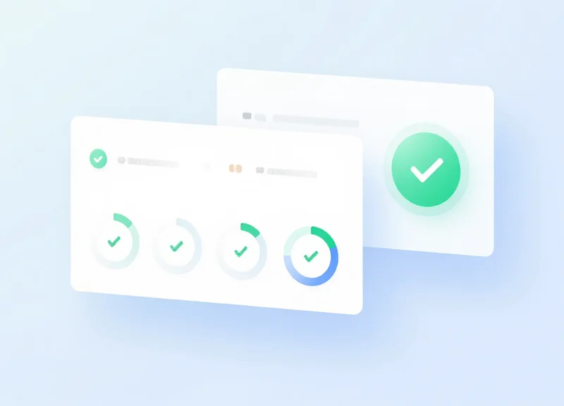 A futuristic dashboard interface showing system health and audit readiness checkmarks without text.