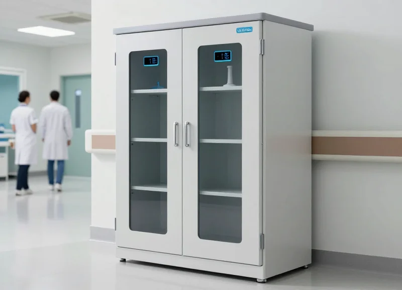 A modern RFID cabinet in a hospital setting with glowing technology indicators