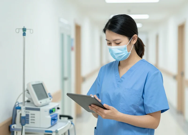 Medical staff in a modern hospital corridor managing assets using a digital tablet.