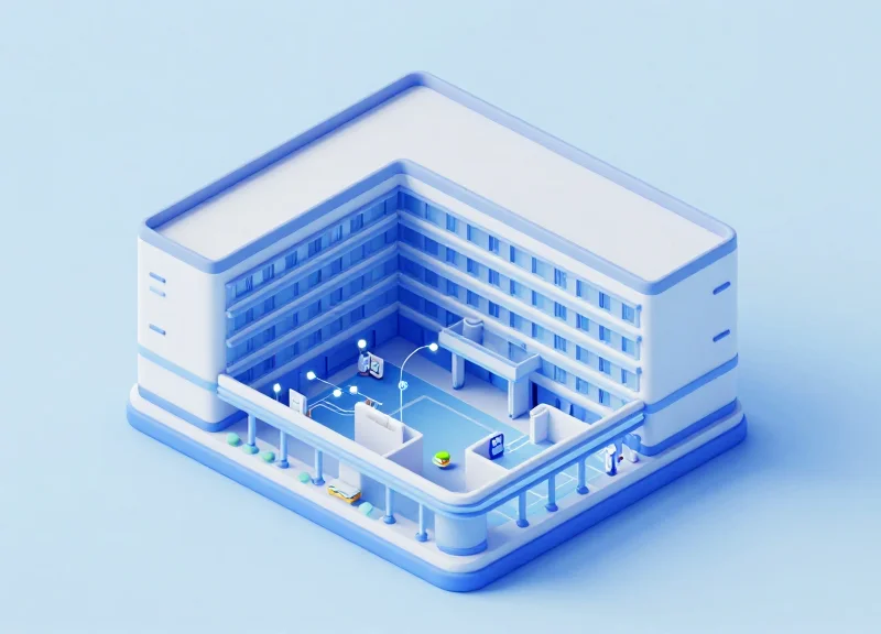 Isometric 3D model of a fully integrated smart hospital with glowing data connections.