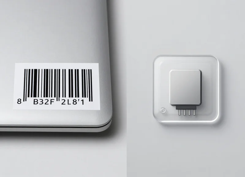 Side-by-side comparison of a traditional barcode sticker and a modern RFID chip