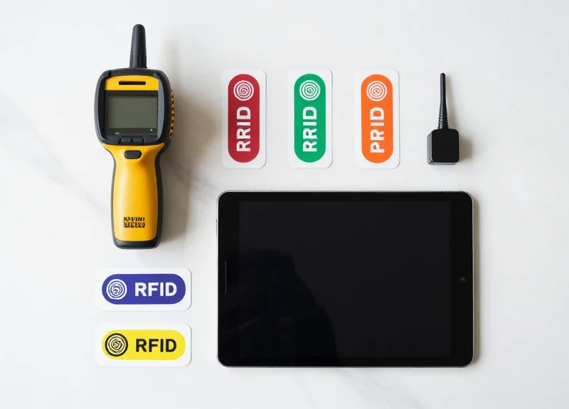 Neatly arranged RFID hardware including a reader, various tags, and a tablet