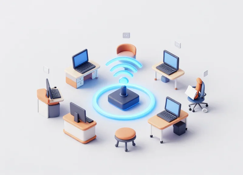 Isometric 3D view of a corporate office with RFID waves tracking assets like laptops and chairs.
