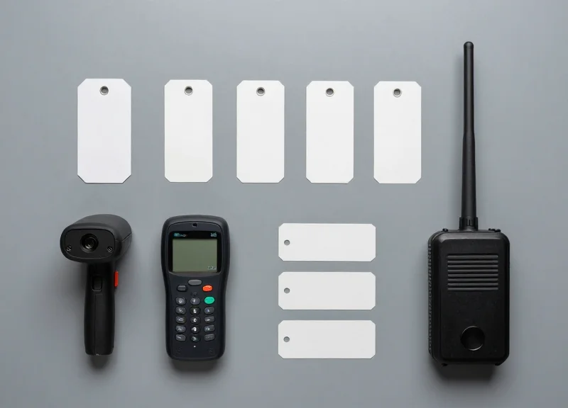 A flat lay arrangement of enterprise-grade RFID tags and reader hardware.
