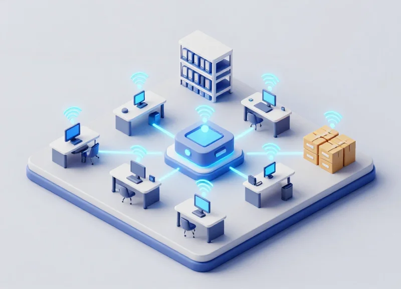 An isometric 3D miniature scene of an organized corporate office and storage area where various assets are connected by glowing digital signals to a central hub.