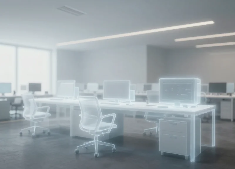 Surreal representation of missing or ghost assets as translucent outlines of office equipment.