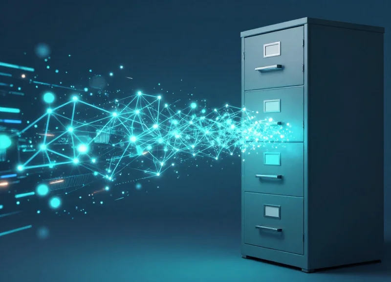 Surreal transition from old paper files to glowing digital data streams in a government office setting.