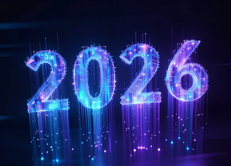 Abstract visualization of 2026 technology trends with rising data streams and holographic nodes.