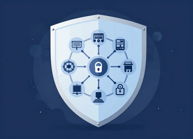 A digital translucent shield protecting a complex network of government hardware assets.