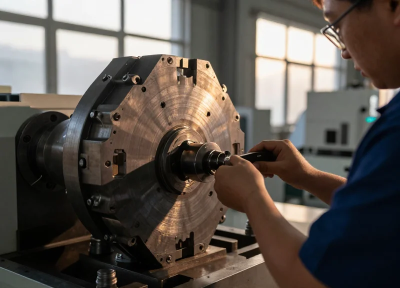 A professional technician inspecting large industrial metal molds in a modern clean factory with sunset light hitting the scene