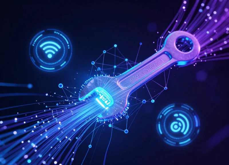 Abstract visualization of RFID signals protecting industrial tools with glowing data streams.