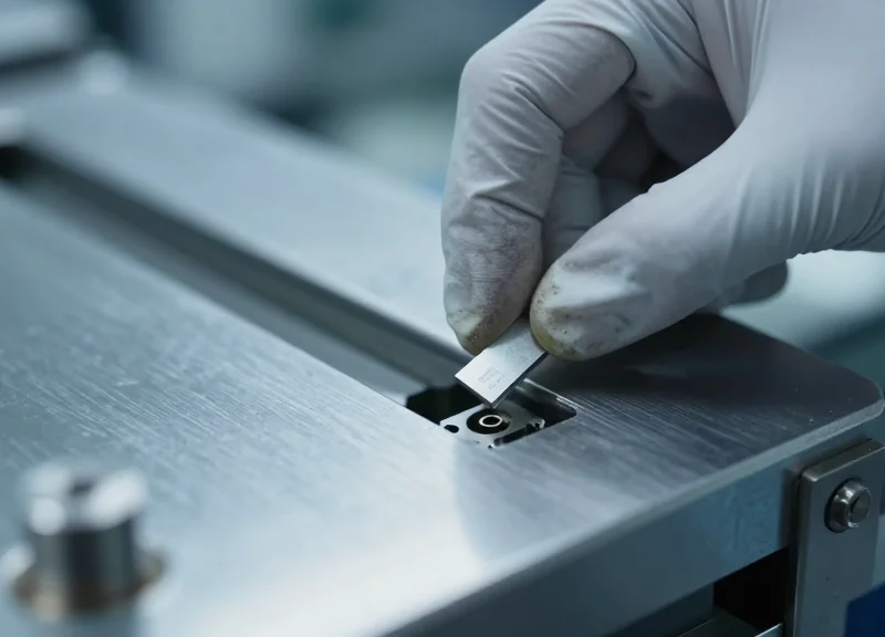 Close-up of a worker's hands mounting an RFID tag into a pre-drilled pocket on a heavy industrial mold.