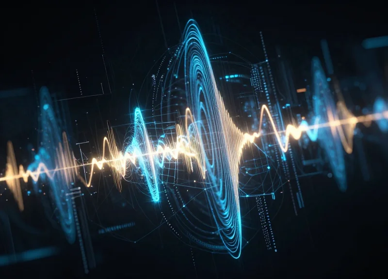 Abstract visualization of radio frequency waves and signal interference in a digital factory environment.