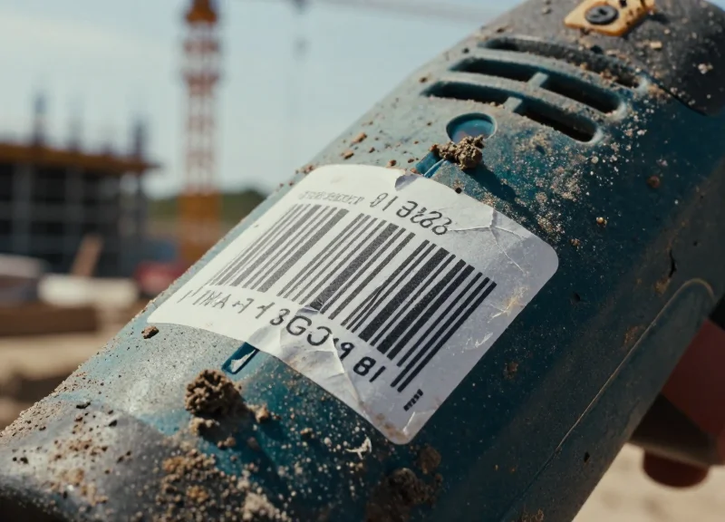 Close-up of a damaged and peeling paper barcode on a dusty construction tool in a harsh outdoor environment.