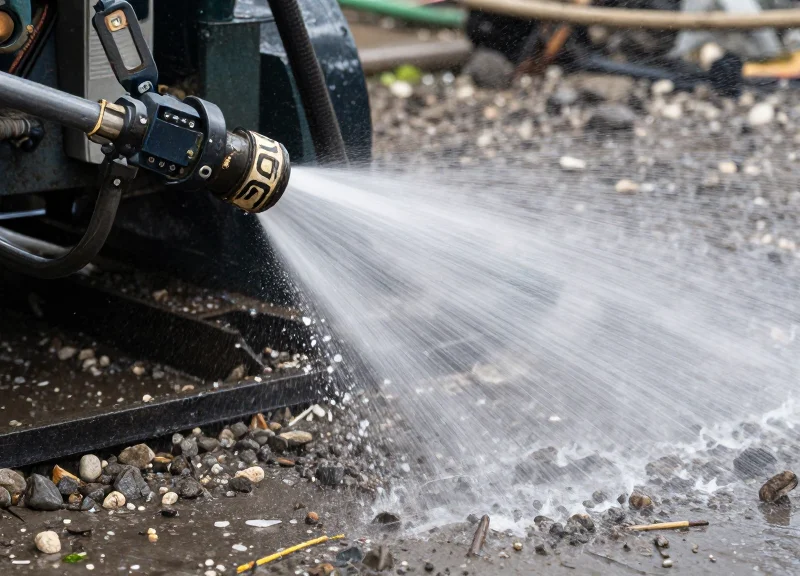 An industrial RFID tag attached to a tool being sprayed with high-pressure water and dust to demonstrate durability.
